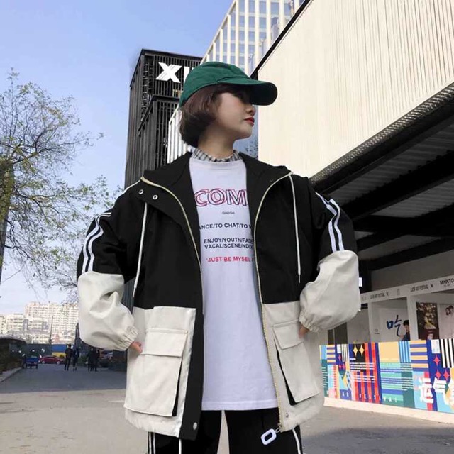 Áo khoác dù nữ túi hộp phối 2 màu 2 sọc | BigBuy360 - bigbuy360.vn