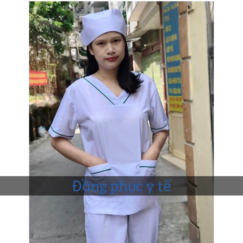 Bộ blouse cổ tim viền XANH DƯƠNG nam nữ cộc tay - bộ scrubs kỹ thuật viên cho, dược sỹ, y tá, bác sĩ điều dưỡng.