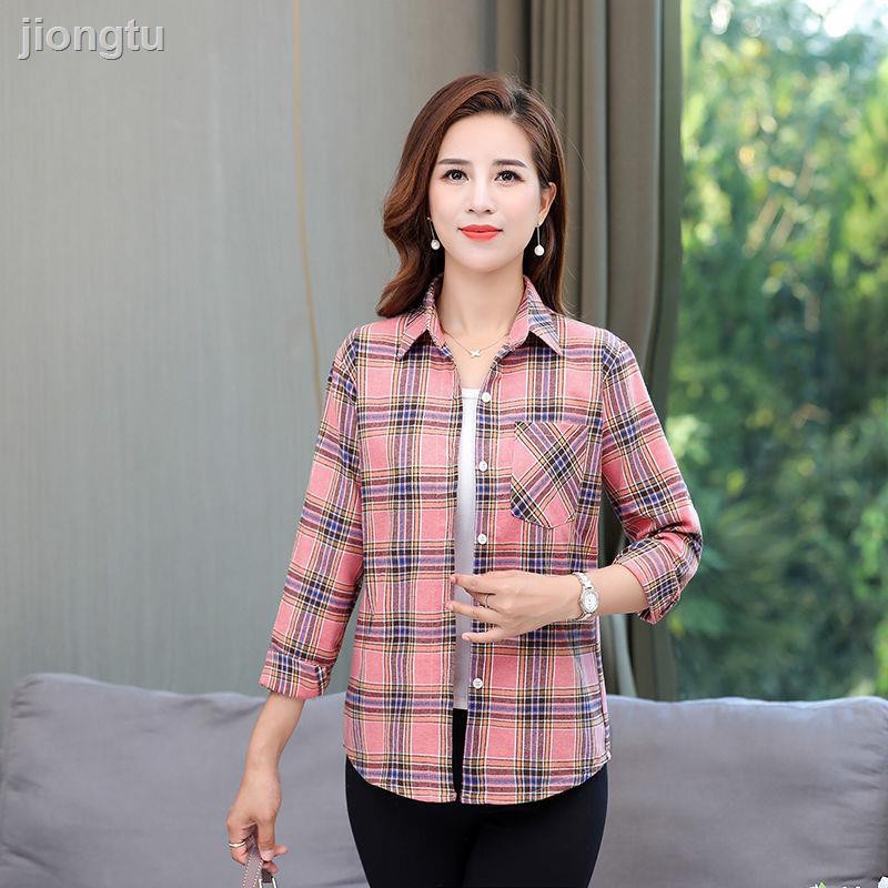 Áo Sơ Mi Cotton Dài Tay Dáng Rộng Thời Trang Xuân Thu Cho Phụ Nữ Trung Niên 40-50 Tuổi