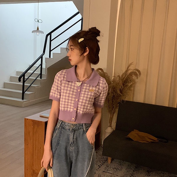 Áo Sweater Dệt Kim Tay Ngắn Kẻ Sọc Phong Cách Hàn Quốc Thời Trang Mùa Xuân Mới Cho Nữ