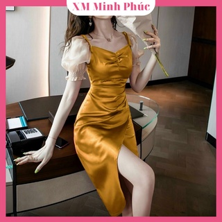 Đầm 2 dây cổ đổ,đầm váy lụa xẻ tà xếp ly eo ôm body quyến rũ dự tiệc sang chảnh thời trang thiết kế xm minh phúc