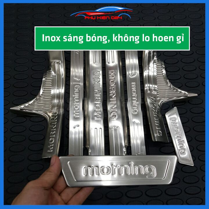 Bộ ốp bậc cửa trong ngoài Morning 2012-2013-2014-2015-2016-2017-2018-2019-2020 Inox chống trầy trang trí xe