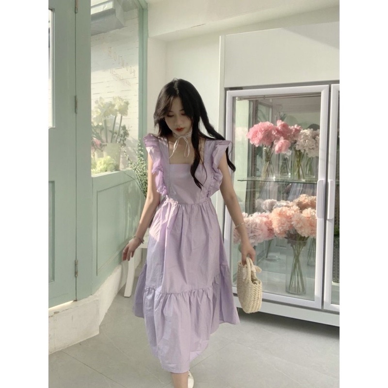 Đầm  Hở Lưng Cột Nơ Sau Màu Tím Pastel Nhẹ Nhàng Dễ Thương