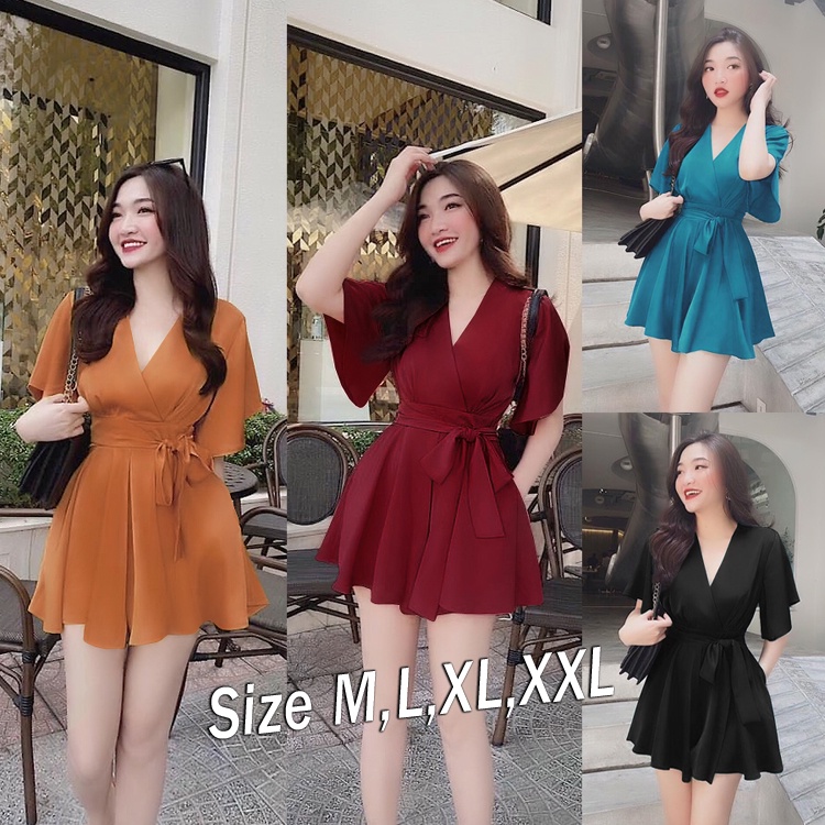 Set Nguyên Bộ Áo Cổ V Thắt Đai Quần Rời 2 Túi Xinh Xắn J1133