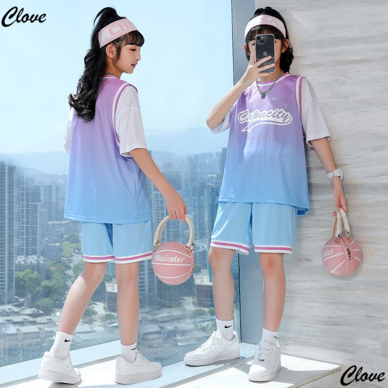 Bộ Đồng Phục Bóng Rổ Áo Tay Ngắn Phối Quần Short Giả Hai Lớp Thời Trang Mùa Hè Cho Bé Gái