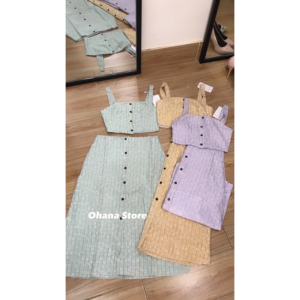 set váy sọc caro- set váy hoa