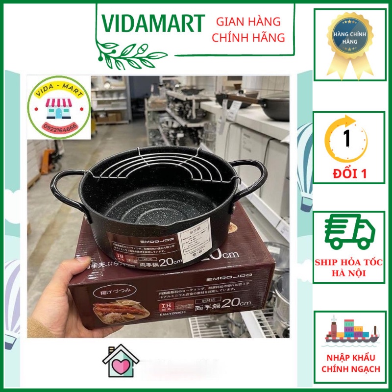 Nồi Chiên Chống Dính Emoojoo Nhật Size 20cm Có Khay Ráo Mỡ Vân Đá Siêu Bền ,Bếp Từ, Bếp Ga, Bếp Hồng Ngoại  (SP200365)