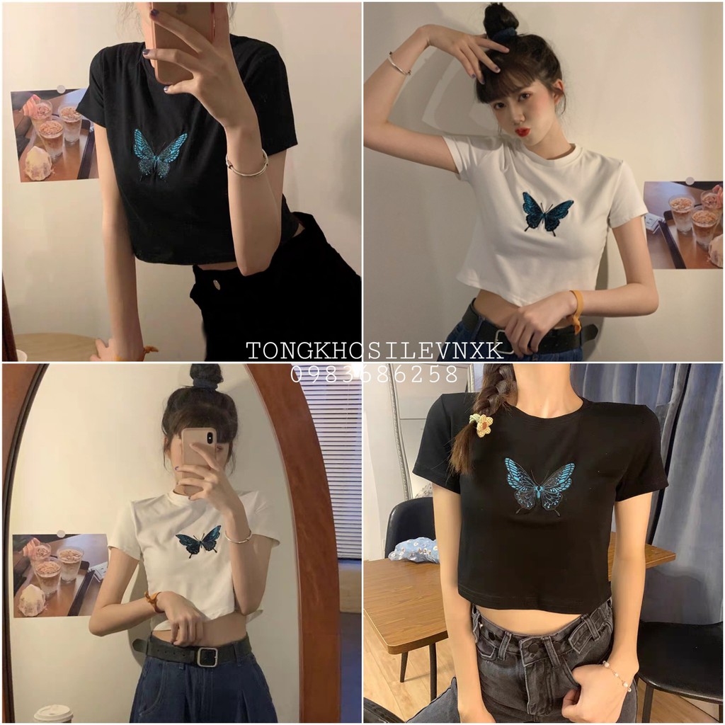 ÁO CROPTOP THUN NGẮN TAY CỔ TRÒN THÊU HÌNH CON BƯỚM ULZZANG ĐEN TRẮNG
