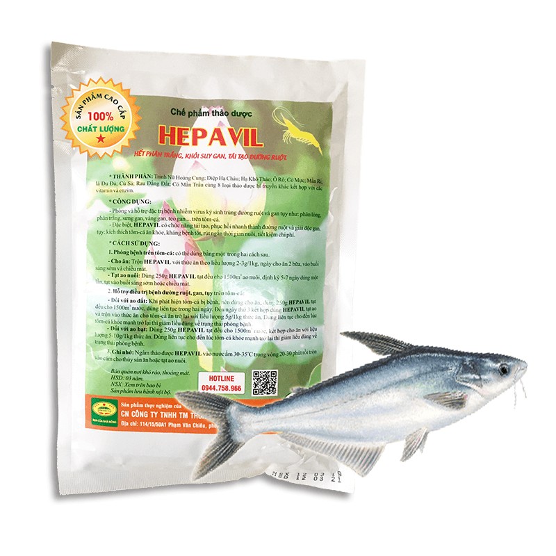 Chế phẩm thảo dược HEPAVIL - Khỏi lo rỗng ruột, phân trắng, gan, tụy trên Tôm, Cá, Ếch