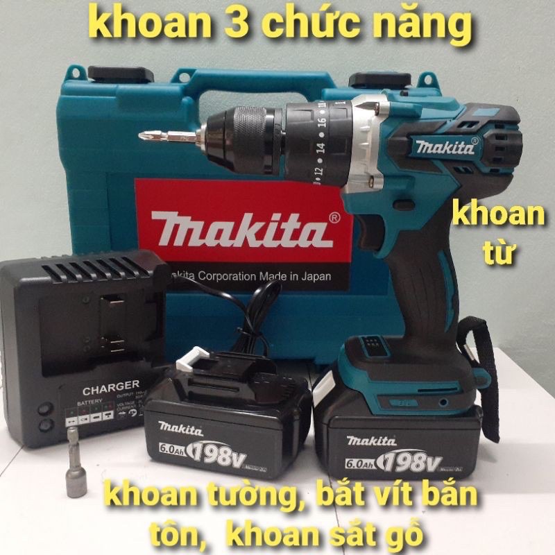 máy khoan không than makita 198v đầu autolook 13mm.bắt vít,tôn,khoang. Tặng bộ phụ kiện 24 chi tiết