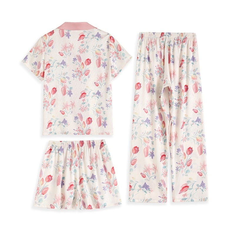 Bộ Đồ Ngủ 3 Món Tay Ngắn Bằng Lụa Họa Tiết Hoa Xinh Xắn Cho Nữ