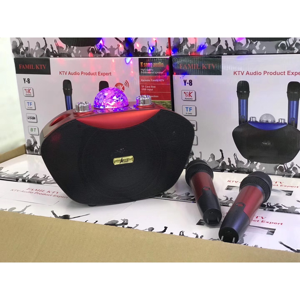 Loa karaoke bluetooth, loa hát karaoke gia đình Y8 tặng kèm 2 mic không dây có đèn led cực sang có nút vỗ tay