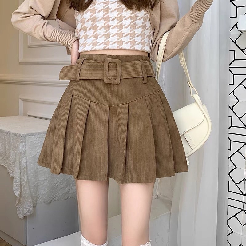 CHÂN VÁY NHUNG XẾP LY KÈM ĐAI có lót trong