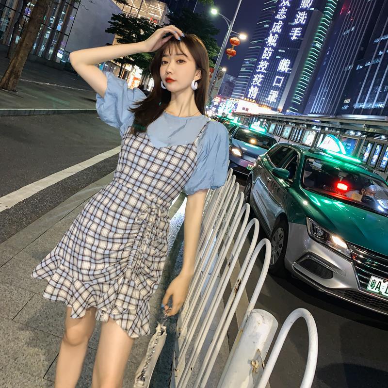 Set Đầm Yếm Tay Ngắn + Áo Tay Phồng Phong Cách Hàn Quốc Mới