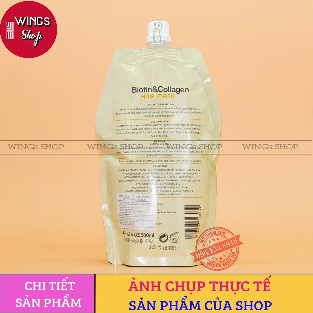 Kem Hấp Xả Ủ Tóc Biotin Collagen Phục Hồi Tái Sinh Tóc Giúp Tóc Siêu Mềm Mượt 500ml | Wings Shop