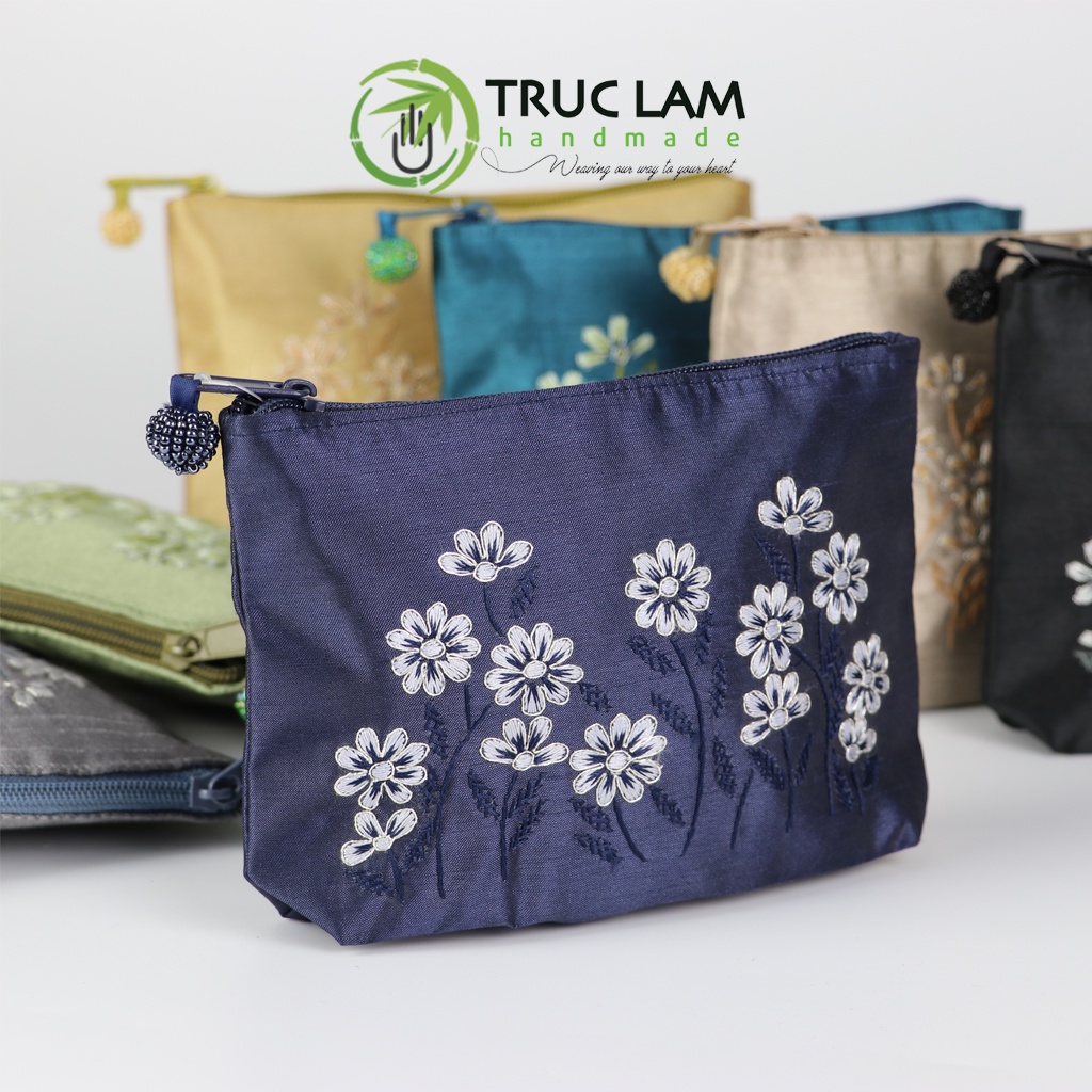 Ví Cầm Tay Túi Đựng Vải Tafta Họa Tiết Hoa Cỏ Kim Tuyến Thêu Tay - Trúc Lâm Handmade