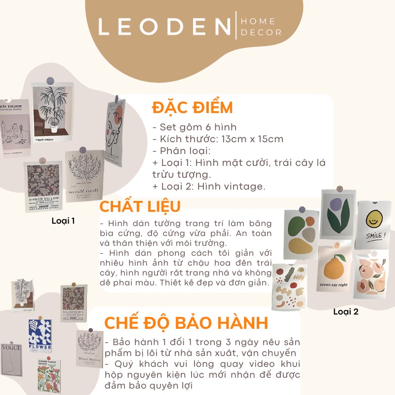 Postcard giấy dán tường trang trí phòng ngủ phong cách decor tối giản, set hình dán tường Hàn