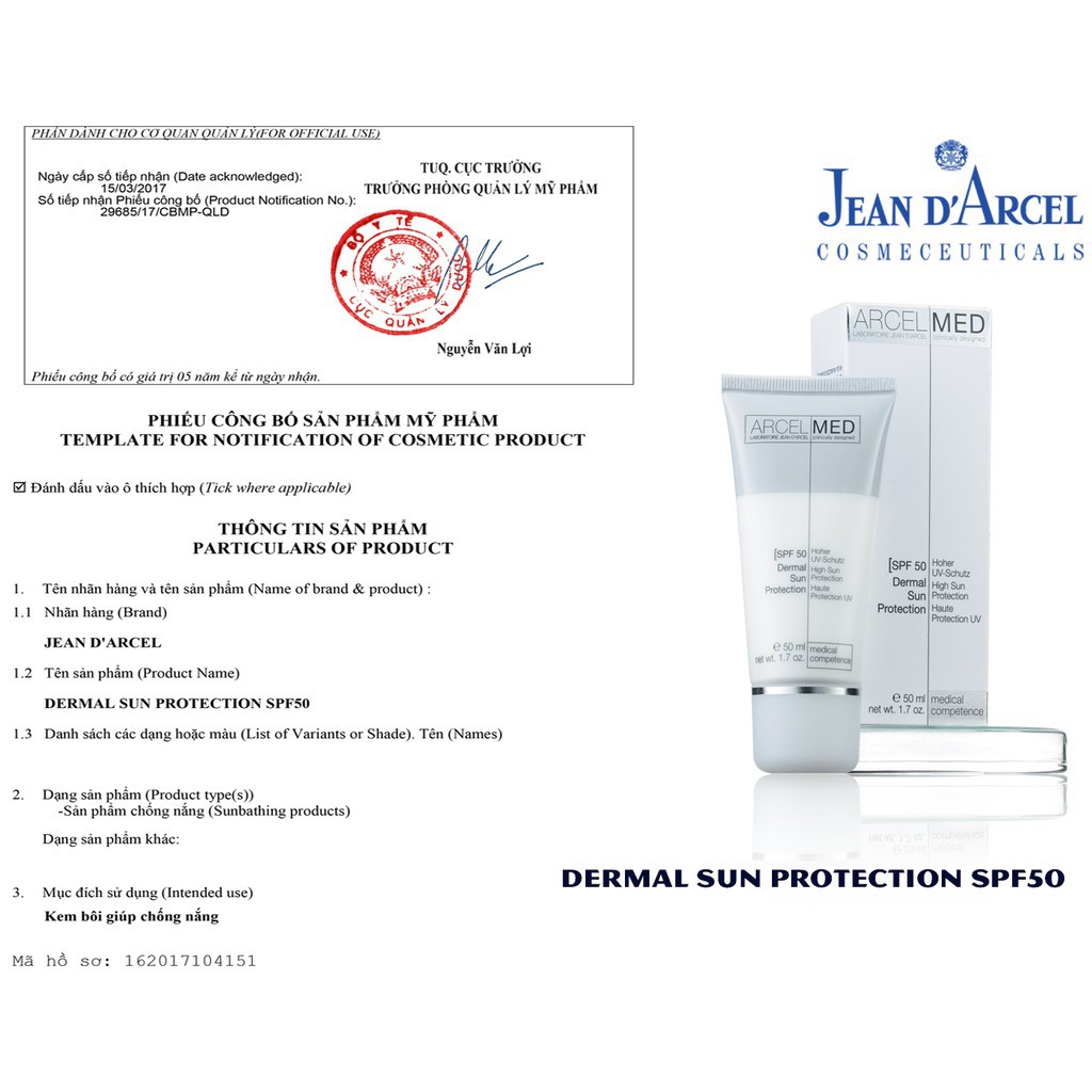 [HÀNG NHẬP KHẨU] Kem Chống Nắng Sáng Da Jean D’Arcel Dermal Sun Protection SPF 50