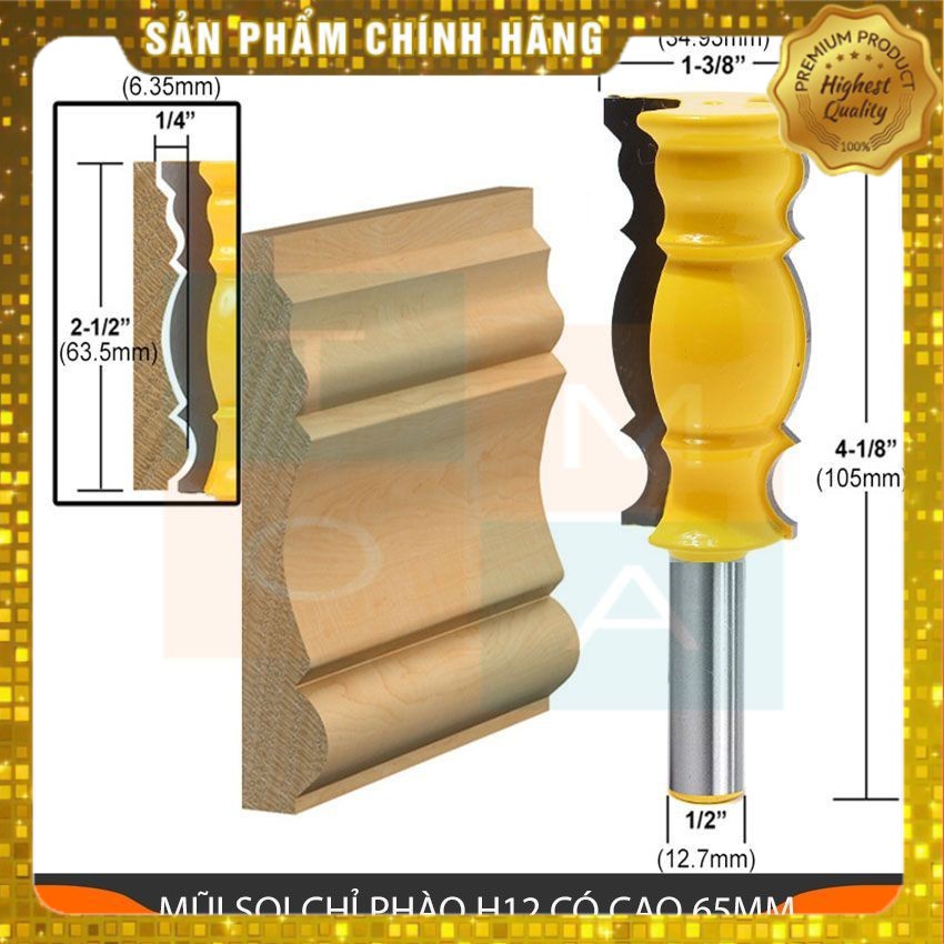 MŨI SOI CHỈ PHÀO H12 CÓ CAO 65MM - MŨI PHAY GỖ CỐT 12.7MM