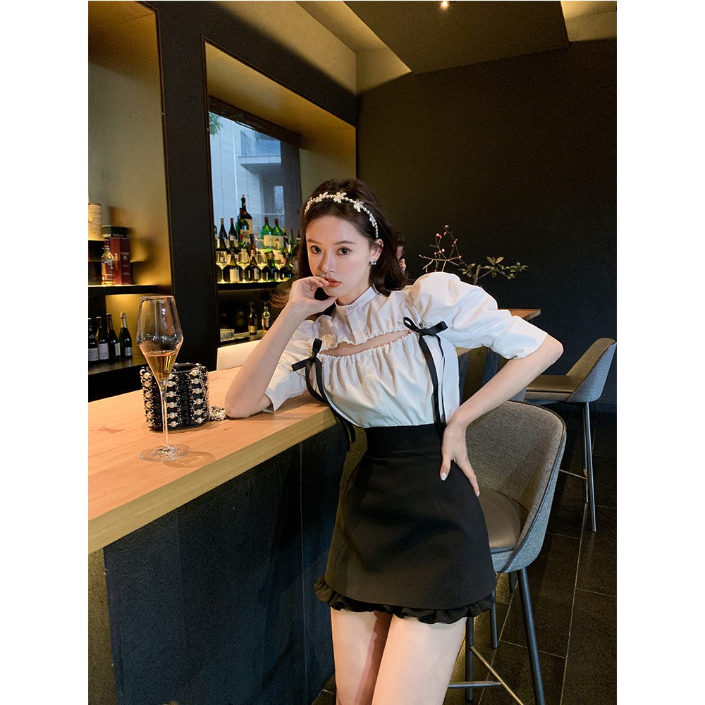 🍒🍒 Sét Áo Sơ Mi Khoét Ngực + Chân Váy Bèo Lưng Cao Xinh Xắn Cho Nữ🍒🍒