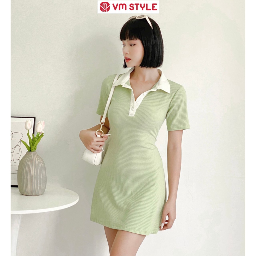 Đầm thun nữ VM Shop tay ngắn cổ bẻ nút ngực phối viền trắng nhiều màu 3751 VDT00007
