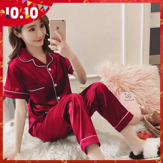 Bộ đồ ngủ tay ngắn chất vải lụa thoáng mát phong cách Hàn Quốc thời trang xuân thu cho nữ