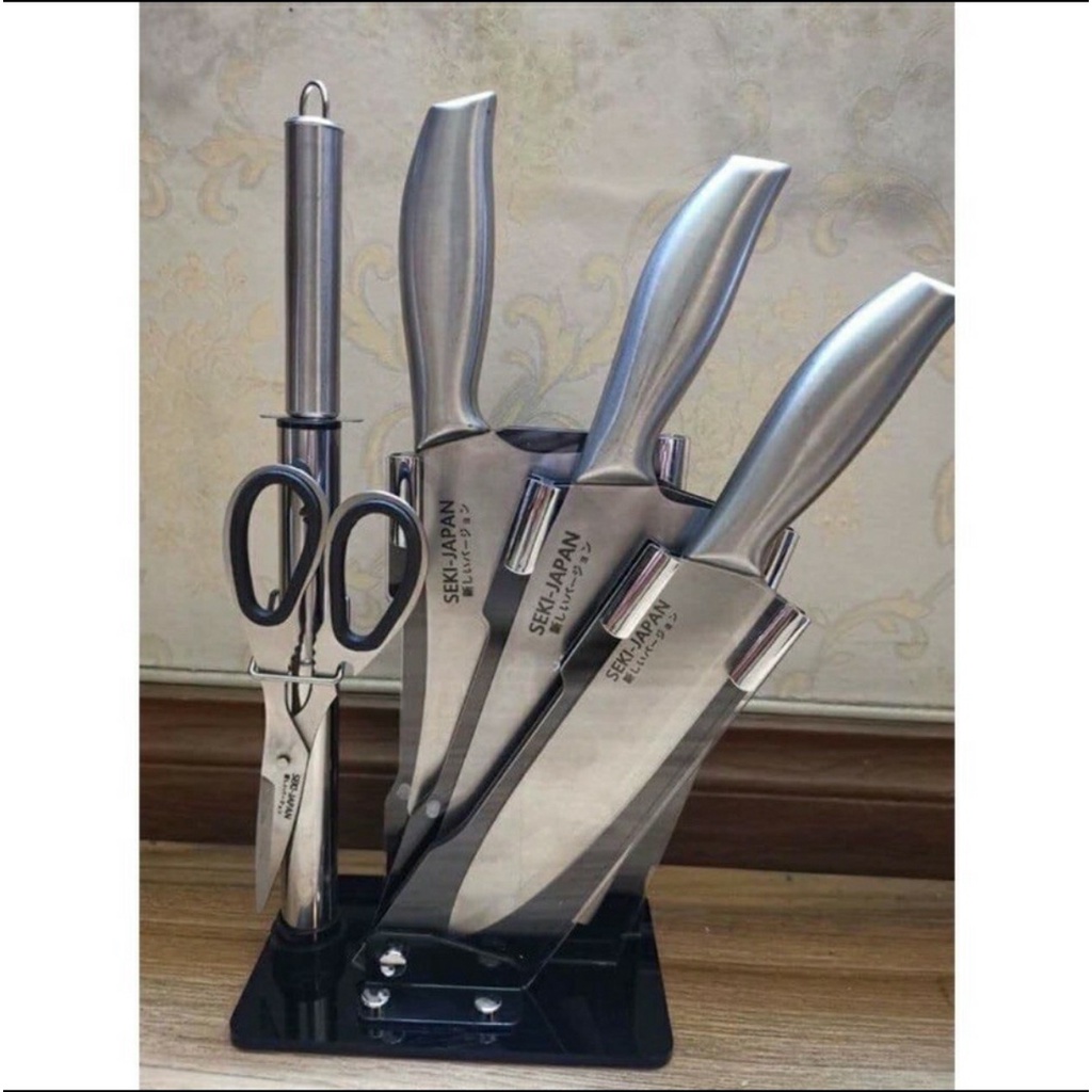 [FREESHIP] Bộ Dao Kéo 6 Món Nhật Bản Inox Đúc Nguyên Khối Cao Cấp Khắc Chữ SEKI JAPAN Có Đế Cắm Làm Từ Thép Không Gỉ.