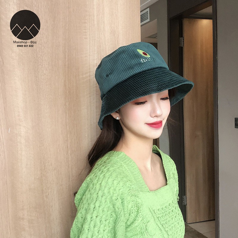 Mũ, nón bucket Ulzzang thêu hình quả bơ phủ nhung gân dày dặn cao cấp