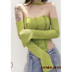 Áo Croptop Tay Dài Lệch Vai Màu Sắc Trơn Thiết Kế Độc Đáo Cho Nữ