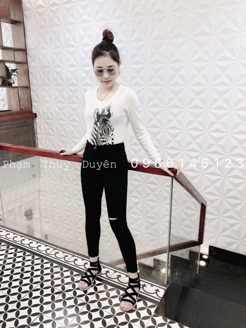 Quần jeans ôm đen LƯNG CAO CO DÃN trơn rách không phai màu nữ - SHOP THƠM PHẠM