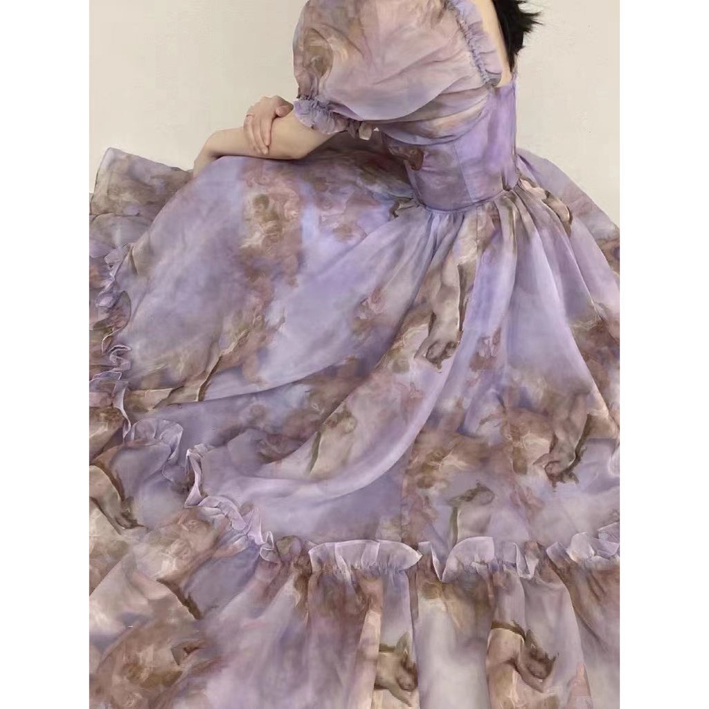 Đầm in hoa tím dài dáng ôm hở lưng thời trang hè thời trang retro Pháp cho nữ