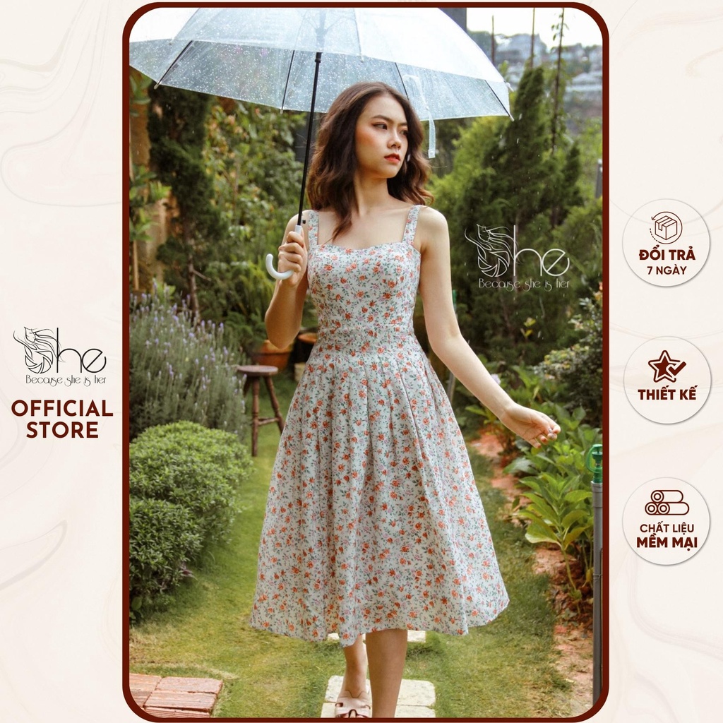 Váy 2 dây đi biển hoa xinh She, Đầm nữ xếp li VINTAGE du lịch thời trang SDX34