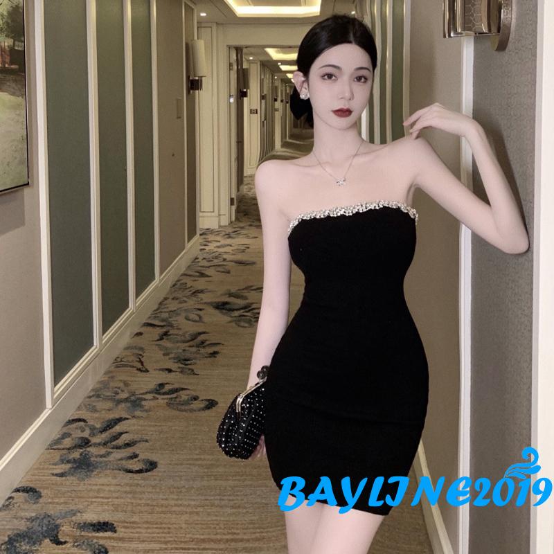 BAY-Female Bodycon Dress, Rhinestones Sleeveless Strapless Short One-Piece Streetwear for Summer, Black