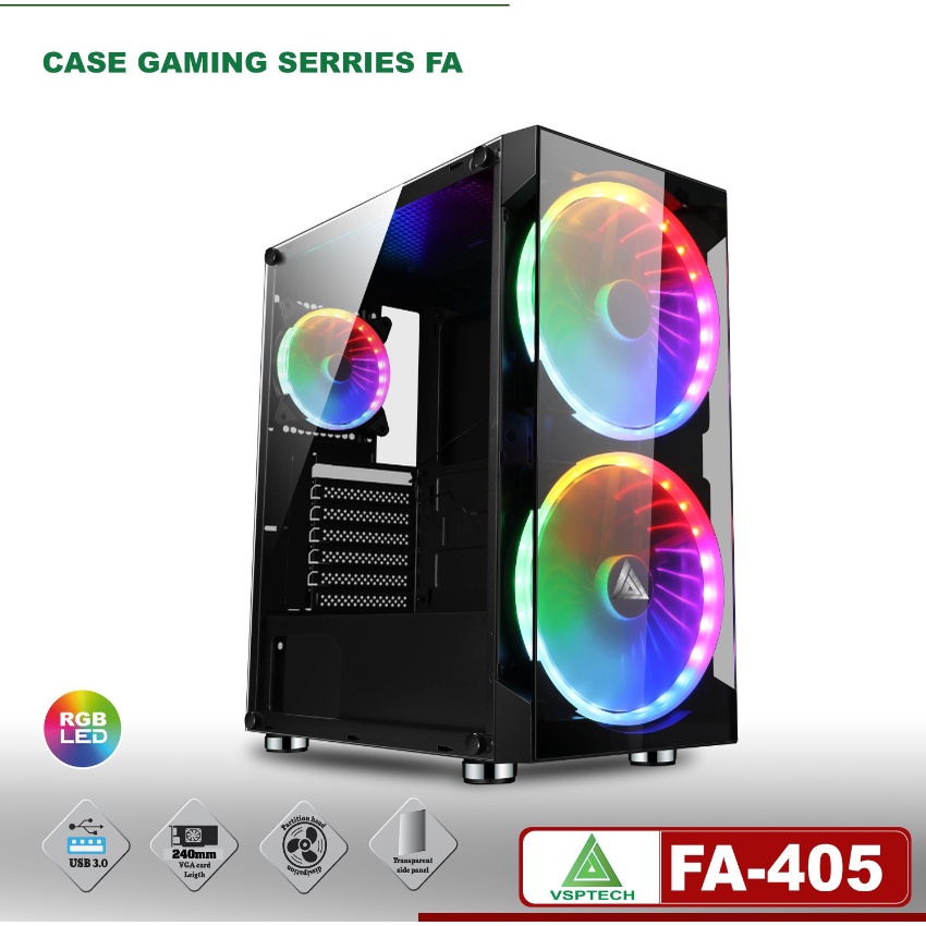 Case Vision FA-405 Gaming (Có sẵn 2 Fan 20cm LED RGB và 1 Fan 12cm LED RGB, Mặt trước kính cường lực. VI TÍNH QUỐC DUY