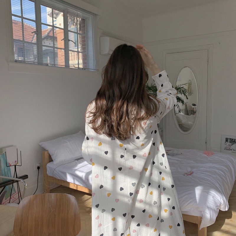 Đồ ngủ tay dài dáng rộng in họa tiết trái tim phong cách Hàn Quốc thời trang cho nữ