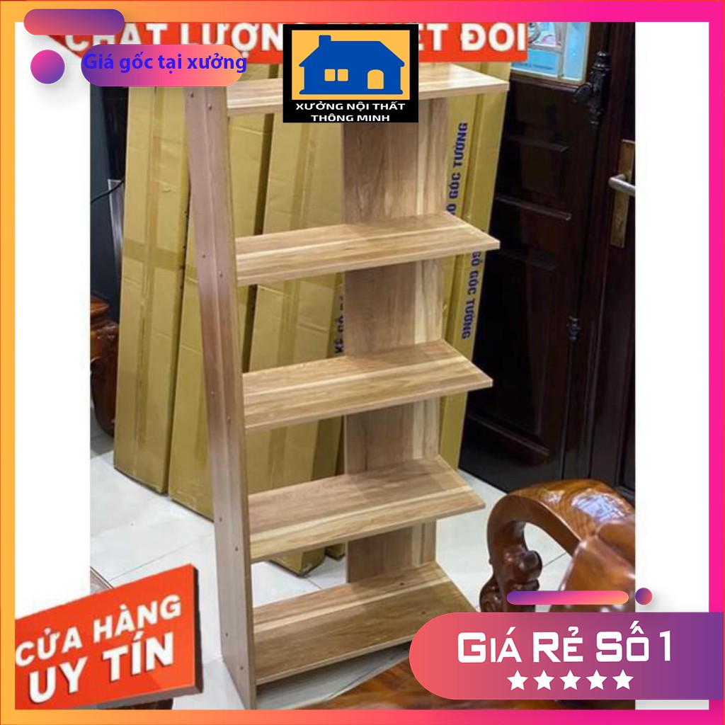 Kệ sách gỗ 5 tầng đa năng bằng gỗ cứng cực đẹp, kệ góc tường gỗ công nghiệp chống ẩm cao cấp