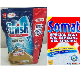 Combo Viên rửa bát Finish 150 viên ( Hàng nhập khẩu) + Muối rửa bát Somat 1,2kg đặc biệt dùng cho máy