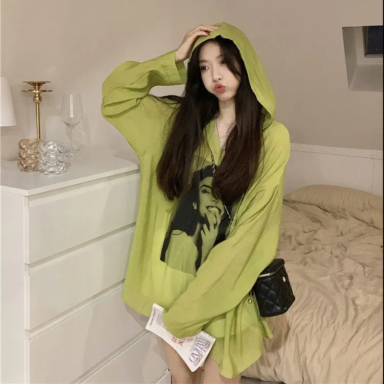 Jiashucheng Áo Khoác Chống Nắng Tay Dài Có Nón Thoáng Khí In Họa Tiết Retro Mỹ Hàng Mới 2023 Dành Cho Bạn Nữ