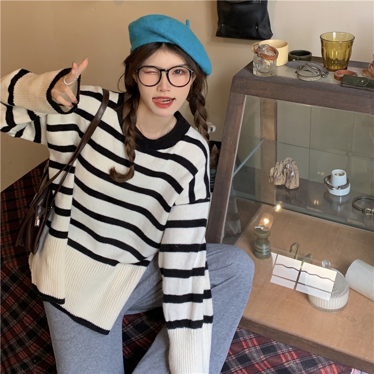 Áo sweater ZHELIHANGFEI tay dài dáng rộng thiết kế xẻ tà bên hông họa tiết kẻ sọc ngang thời trang trẻ trung