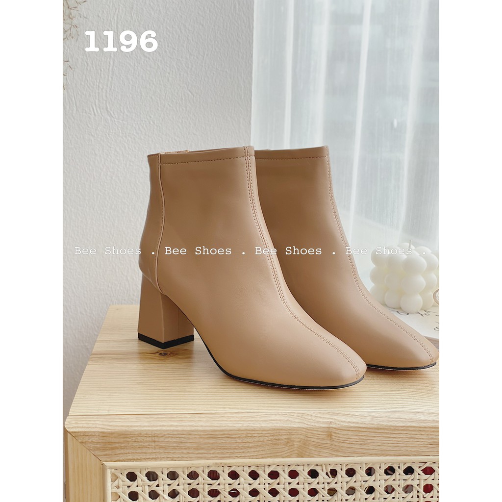 BEESHOES - BOOT NỮ MŨI TRÒN TRƠN CỔ THẤP ĐẾ VUÔNG - BỐT NỮ MŨI TRÒN ĐẾ VUÔNG CAO 7 PHÂN SẴN MÀU ĐEN - KEM - BÒ 201196