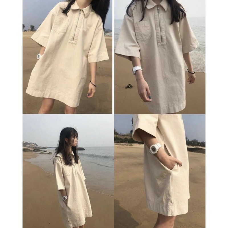 ĐẦM KAKI POLO DRESS form suông rộng oversize style hàn xẻng chất kaki dày dặn có 2 túi bên hông items basic