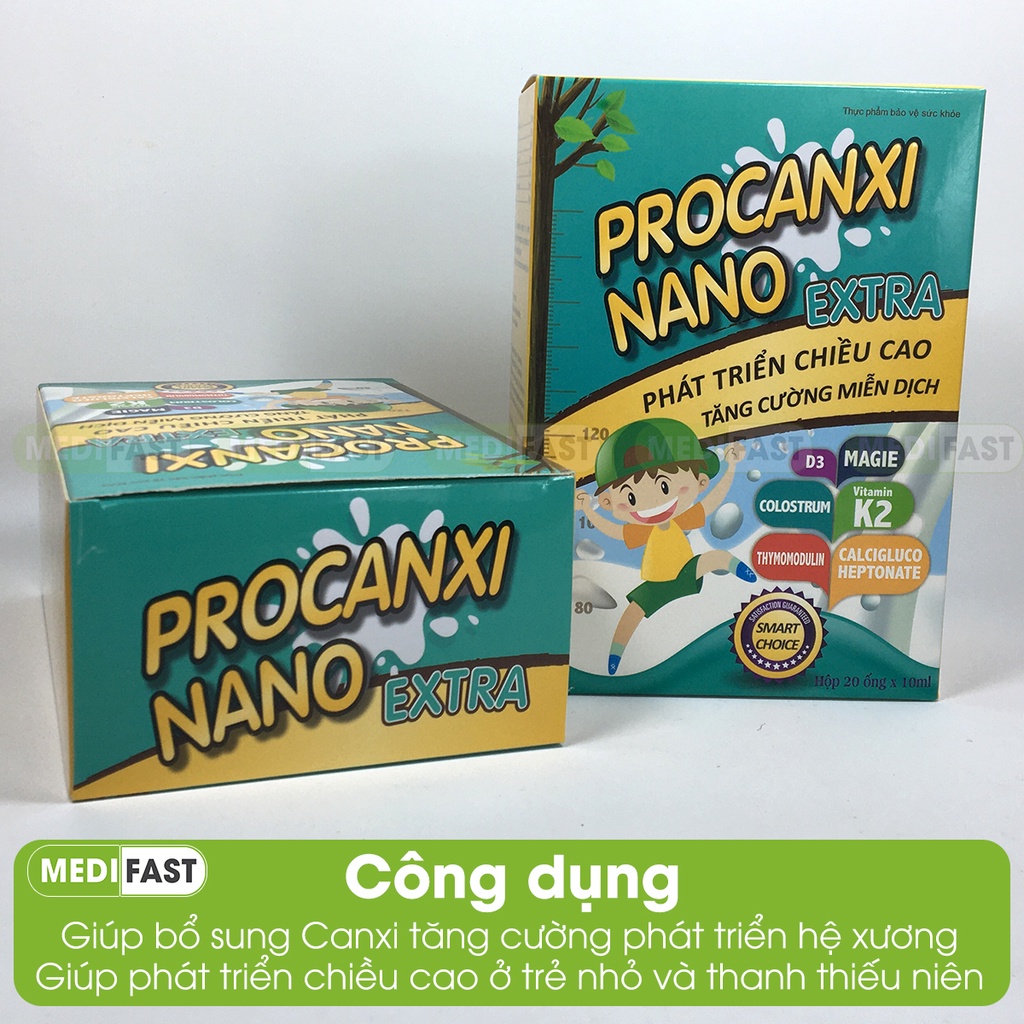 Bổ sung canxi và tăng sức đề kháng với Thymodulin và FOS Procanxi Nano Hộp 20 ống tiện lợi tăng chiều cao, chắc xương