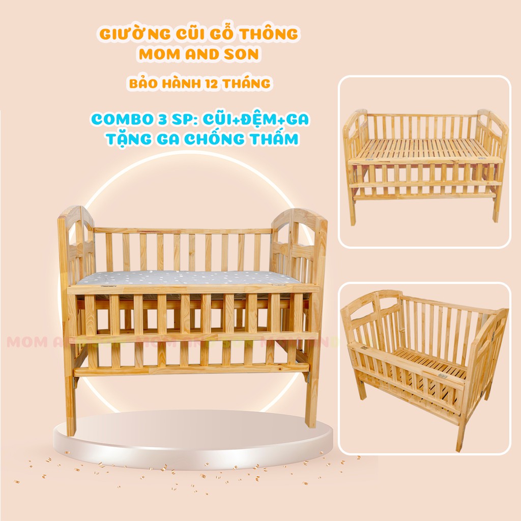 (BỘ 3 SP TẶNG 1 SP)Giường Cũi cho Bé MOM AND SON Kích Thước(80x130x96cm) Gỗ Thông Xuất Khẩu BH 12 Tháng