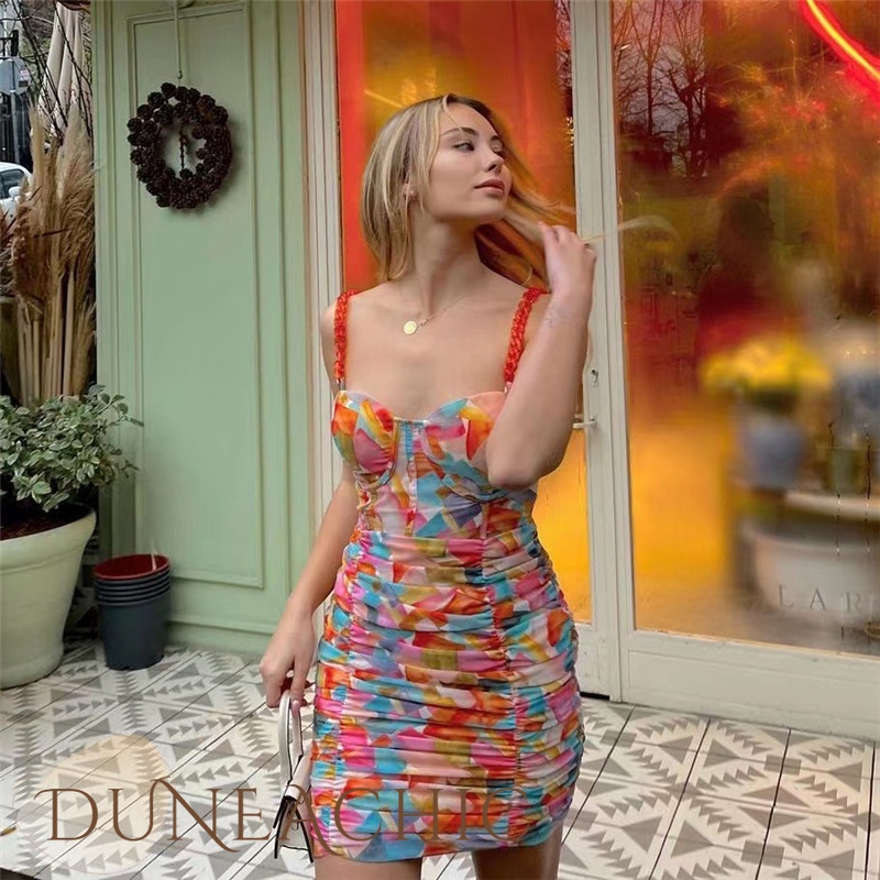DUNEA Đầm Hoa Hai Dây Hở Lưng Gợi Cảm Cho Nữ