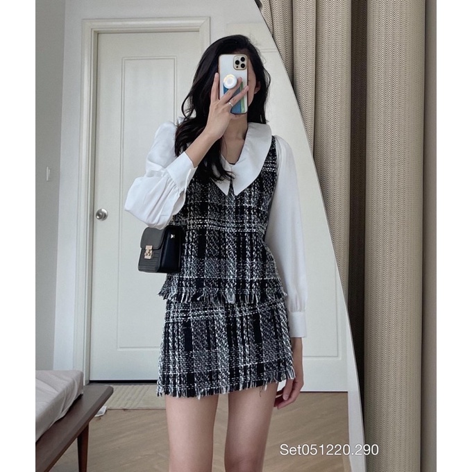 SET VÁY TWEET CỔ TRẮNG