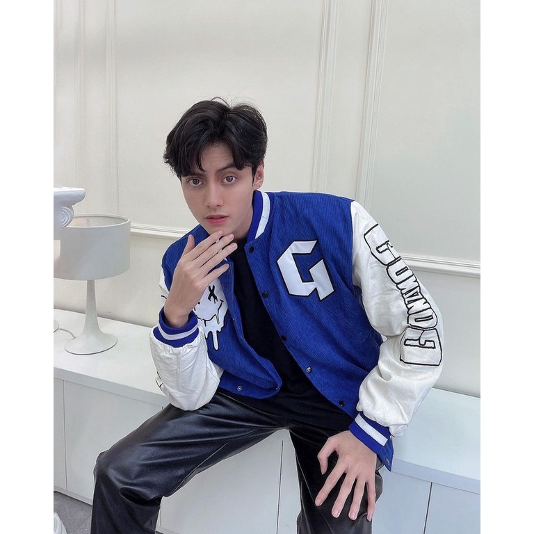 Áo Khoác Varsity nam nữ màu XANH, Gonz Bóng chày .Unisex Form rộng nhung tăm 2 lớp Hình thêu 100%VIPPA2