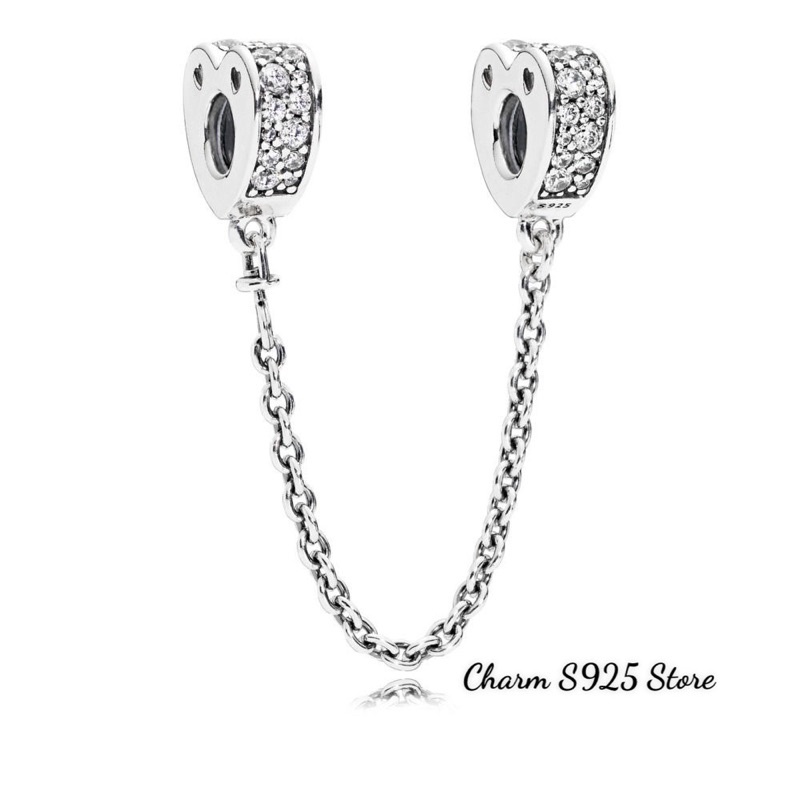CHARM PAN ALE KHOÁ CHẶN XÍCH TIM ĐÍNH ĐÁ TRẮNG BẠC S925 HÀNG CAO CẤP
