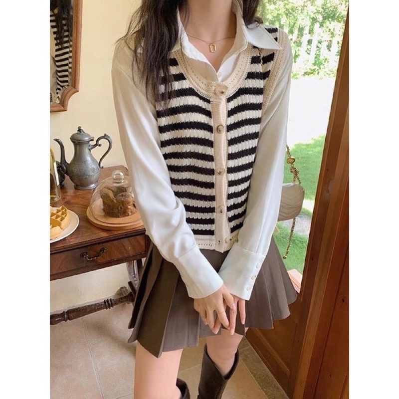 Áo gile kẻ đen sợi zinnia
