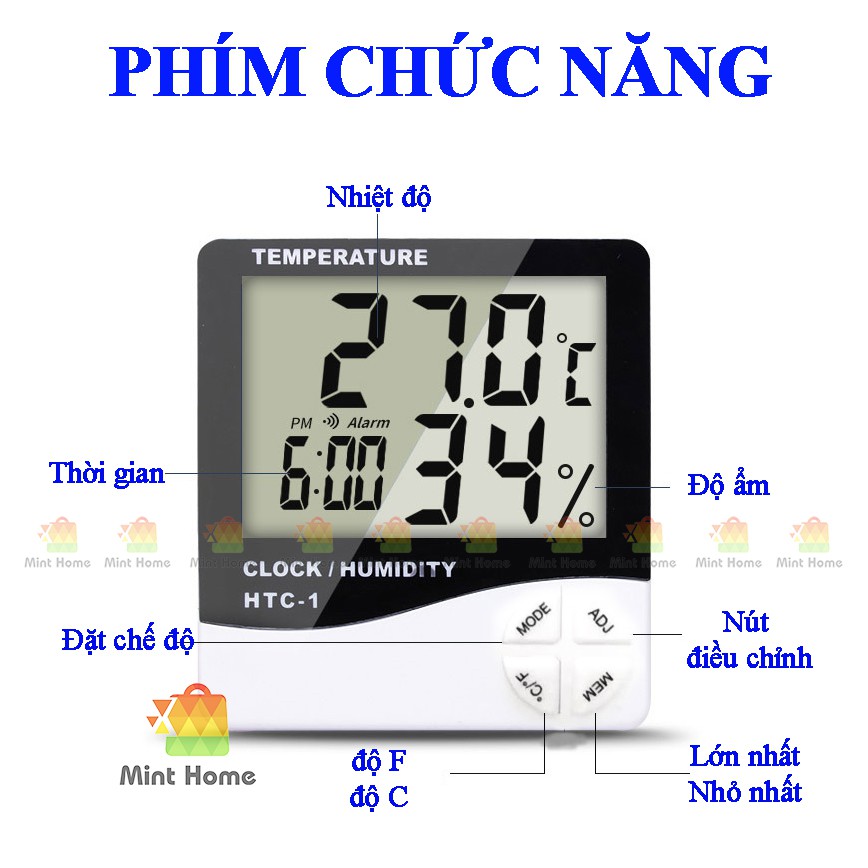 Máy đo nhiệt độ phòng, độ ẩm, nhiệt ẩm kế điện tử kiêm đồng hồ báo thức, lịch để bàn màn hình LCD HTC 1 CÓ KÈM PIN