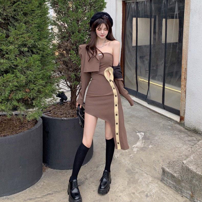 Bộ đầm ngắn và áo khoác vest phong cách mùa thu 2021 mới cho nữ